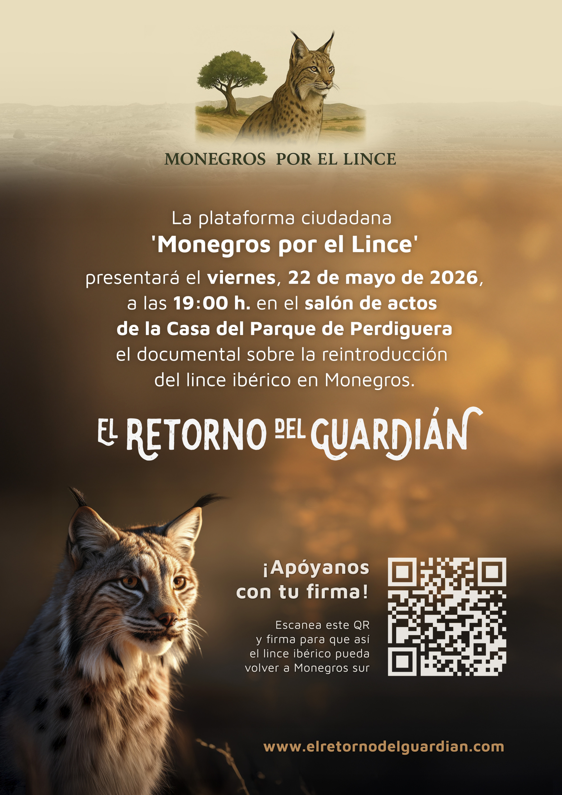 'Monegros por el Lince' presentará el viernes, 22 de mayo de 2026, a las 19:00 h. en el salón de actos de la Casa del Parque de Perdiguera el documental "El Retorno del Guardián" 