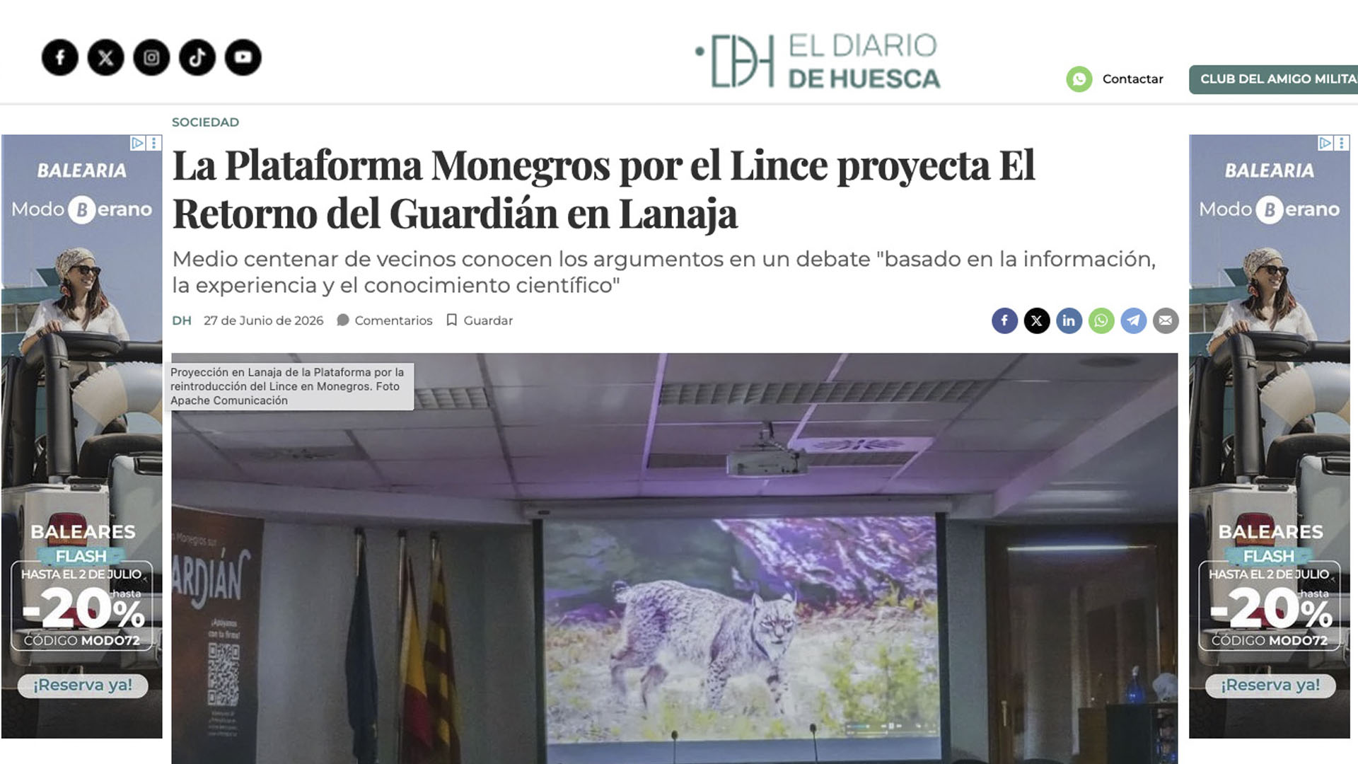 Noticia en Diario Huesca «La Plataforma Monegros por el Lince proyecta El Retorno del Guardián en Lanaja»
