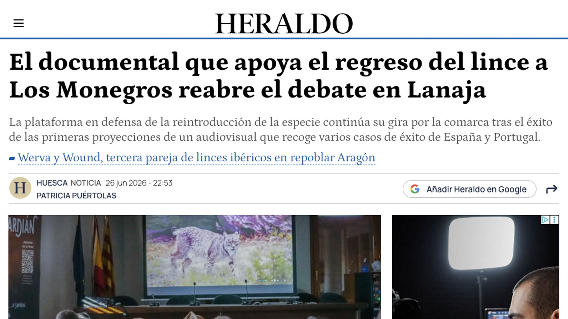 Noticia en Heraldo del pase del documental en Lanaja