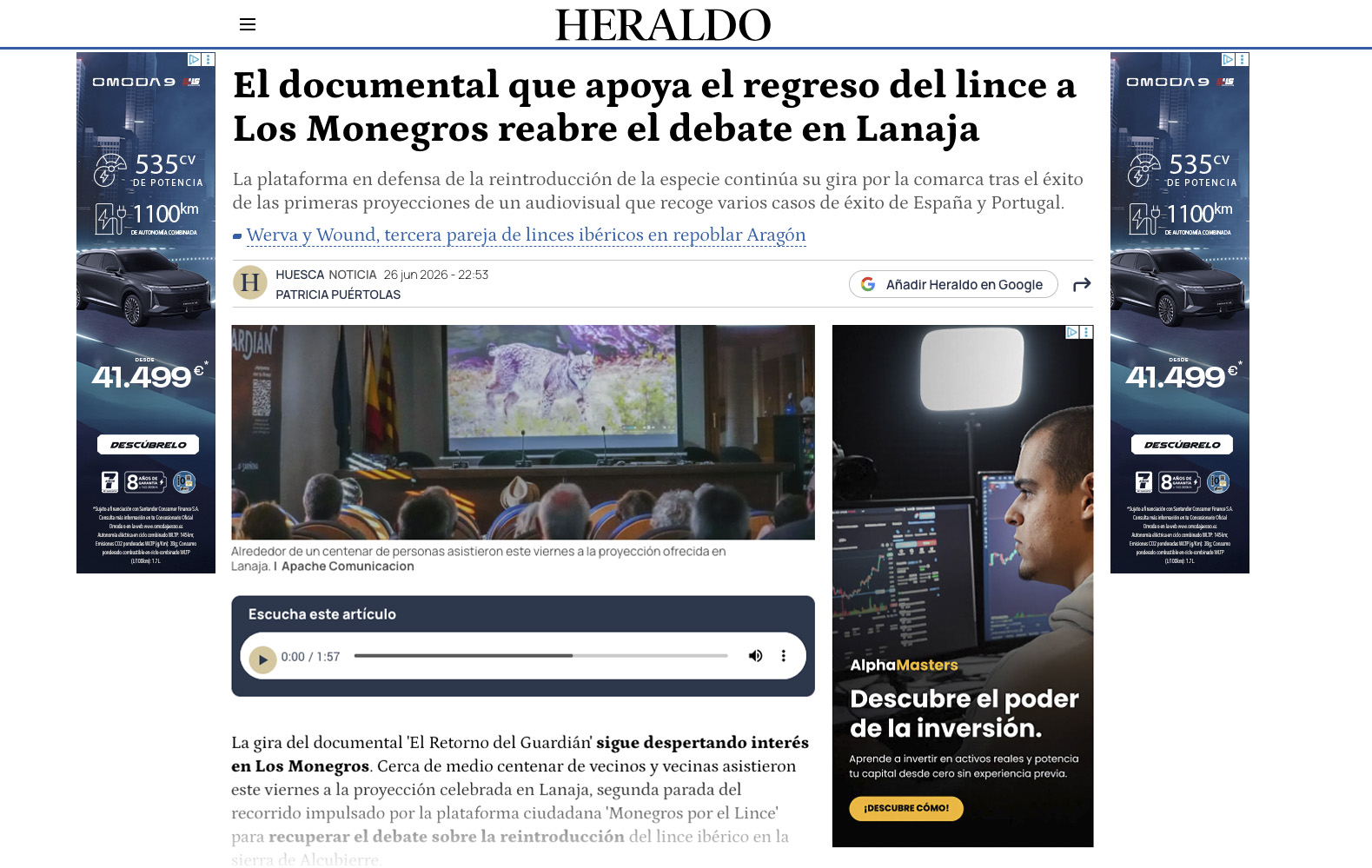 El documental que apoya el regreso del lince a Los Monegros reabre el debate en Lanaja