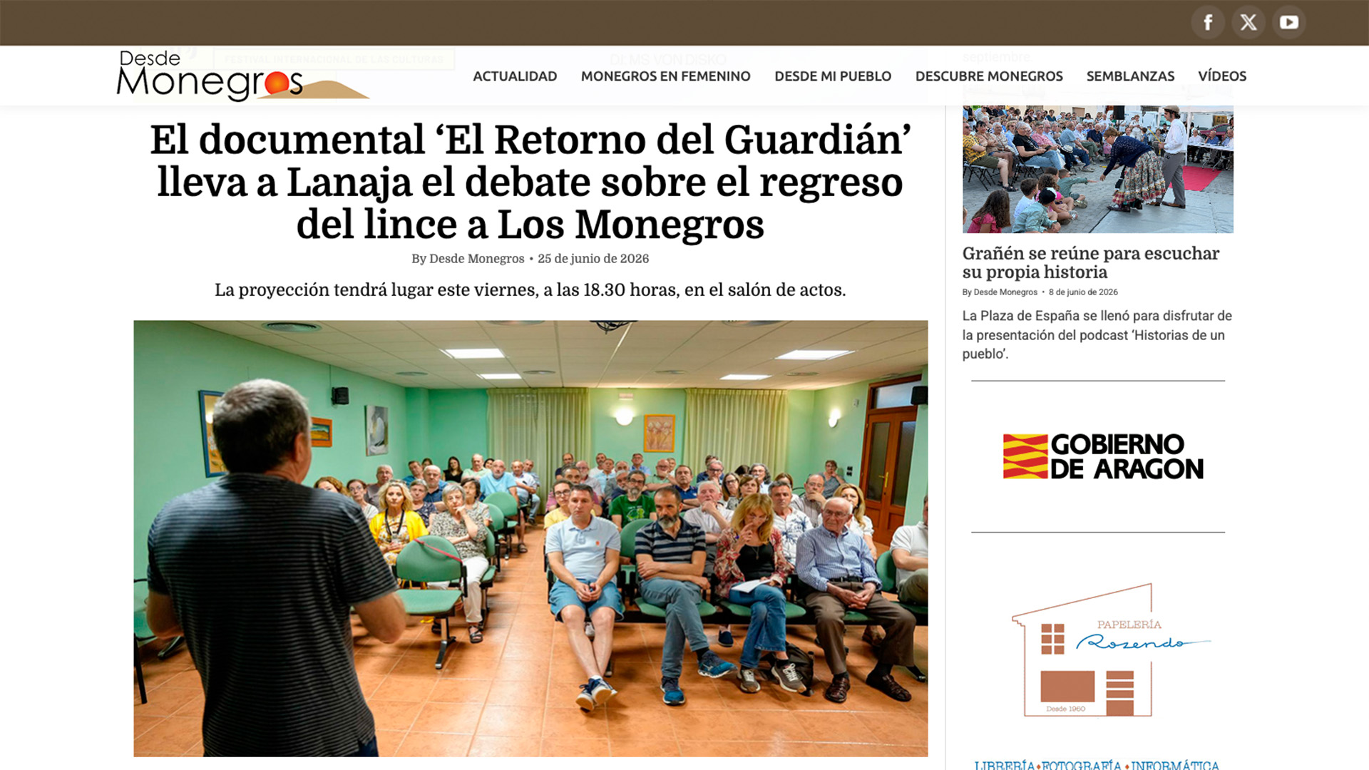El documental ‘El Retorno del Guardián’ lleva a Lanaja el debate sobre el regreso del lince a Los Monegros